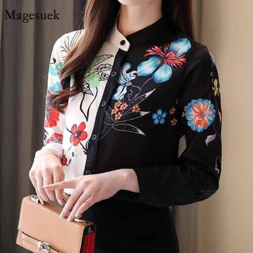 Print Flower Contrast Black Long Sleeve Chiffon Top Vintage Fashion Spring 2021 Korean Blouse for Women Blusas Femininas 8004 50