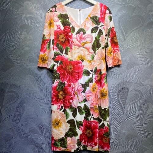 New arrival spring 2021 Runways Womens V-neck floral print dress High quality short sleeves dress B856