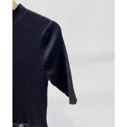 2021 Autumn Winter Womens O-Neck Knitted Mini Dress Black Metal Button Decoration Short-Sleeved Ladies Slim Female Robe