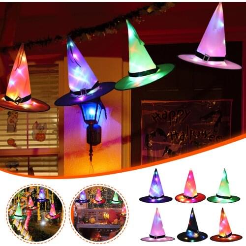 1pcs Halloween Witch Hat with LED Light Glowing Witches Hat Hanging Halloween Decor Suspension Tree Glowing Hat for Kids