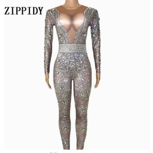 2019 Sparkly Glass Crystals Jumpsuit Womens sexy Gray Bodysuit Costume Dance Stage Wear Female Singer Big Stretch Outfit