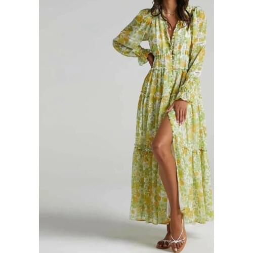 2021 Spring women Single breasted Slit split Dresses Fashion Party v neck Printed floral Vestidos long sleeve Bohemia Midi Dress