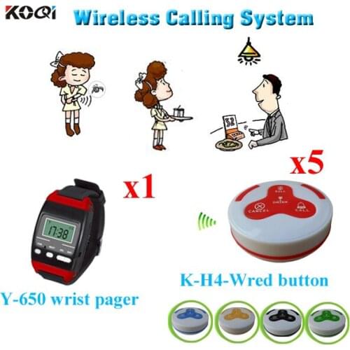Wireless Table Paging System 5 pcs Of White 4keys Call Bell And 1 pcs Of Watch Pager Showing Calling