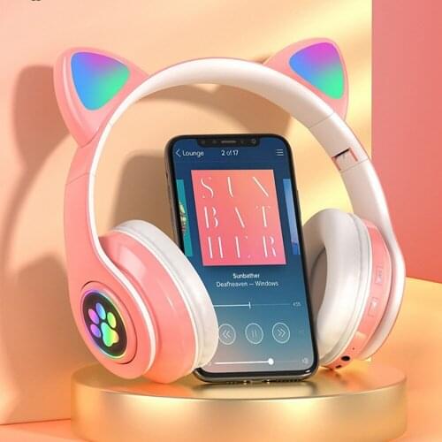 Flash Light Wireless Headphone with Mic Bluetooth 5.0 Cute Cat Ears Headset Bass Noise Cancelling RGB Earphones Support TF Card