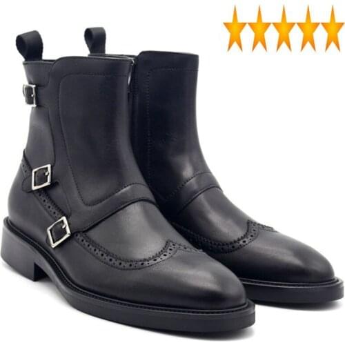 Mens British Tip Retro Wing Buckle Ankle Boots Top Quality Genuine Leather Male Biker Motorcycle Shoes Punk Military Footwear