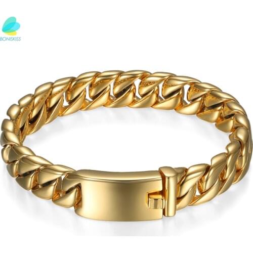BONIKSISS High Light Polished Mens Gold/black Stainless Steel Bracelet Free Engrave