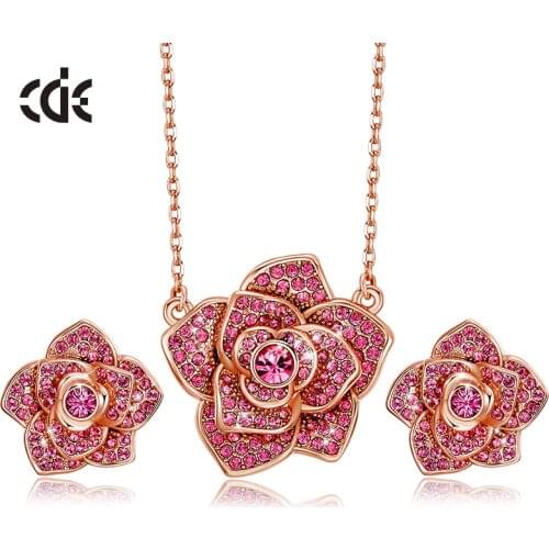 CDE Women Necklace Earrings Jewelry Set Embellished With Pink Crystals Rose Flower Shaped Fashion Jewelry Gifts