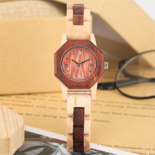 Trendy Hexagon Wood Watch Case Ladies Full Wooden Bracelet Quartz Wristwatch Roman Numerals Analog Display Female Casual Watche