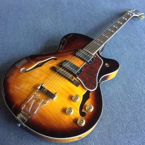 Jazz Hollow Body Electric Guitar, Rosewood fingerboard, 2 F holes, Flame maple top Side & back electric guitar, Free shipping