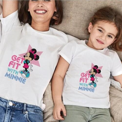 Minnie Mother Daughter T-shirts Summer Family Matching Outfits Mom Baby Mommy and Me Tee-shirt Clothes Woman Girls White Tops