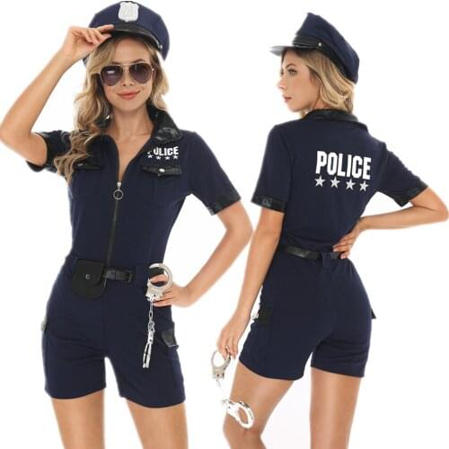 Female Sexy Police Costume Blue Jumpsuit Suit Cop Officer Uniform Halloween Cosplay Policewomen Fancy Party Dress