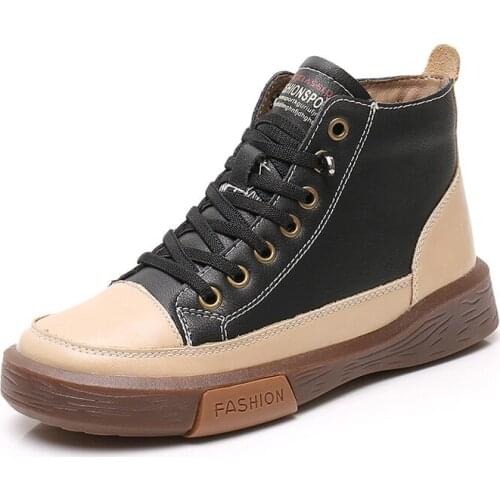 Womens Genuine Leather Autumn Shoes First Layer Cowhide Vulcanized Shoes Ladies Comfortable Warm Winter Casual Sneakers Flats