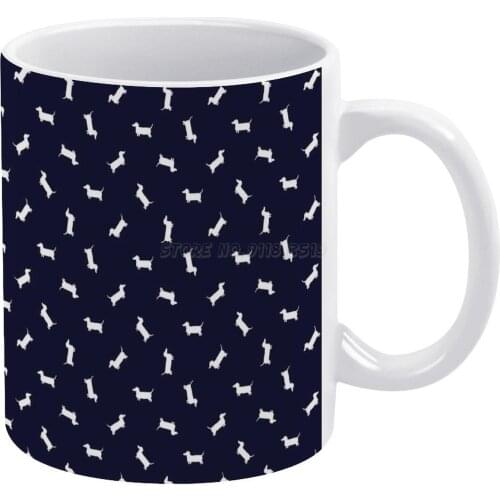 Dachshund Pattern-Navy White Mug Vintage Mug New Unisex Size Mug Dog Dogs Dachshund Blue Dark Navy Doxie Sausage Wiener Canine