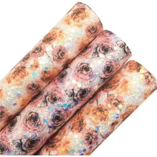 LEOsyntheticoDIY Rose Flowers Chunky Glitter Vinyl Fabric Sheet Felt Backing Synthetic Leather Faux Vinil DIY A4 SIZE R190B