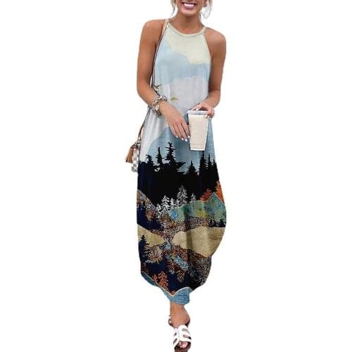 Summer Women Floral Print Side Slit Maxi Dress Sling Sleeveless Slim Long Dresses Party Club Fashion Ladies Basic Maxi Dresses