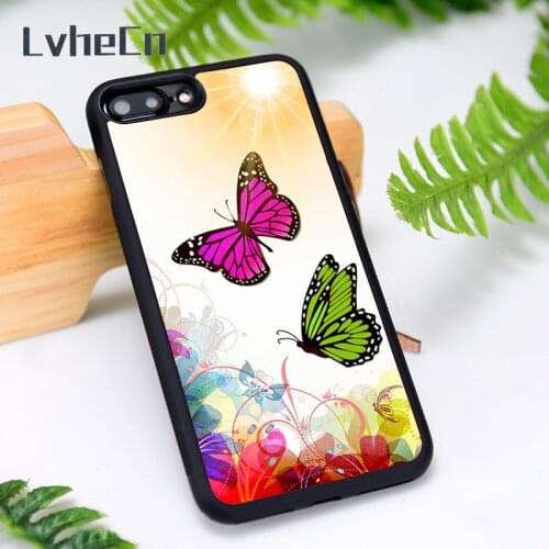 LvheCn Silicone Rubber Phone Case Cover for iPhone 6 6S 7 8 Plus X XS XR 11 12 Mini Pro Max Butterfly Floral Sunset Cute