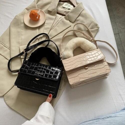 Fashion Retro Stone Pattern PU Leather Women Crossbody Bag Plush Handle Handbags Casual Solid Color Female Shoulder Bags