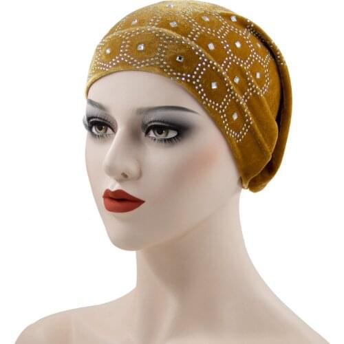 HanXi Fashion Gold Velvet Turban Hijabs Bonnet with Drill Rhinestone Women Muslim Wrap Head Scarf Warm Chemo Hat for Lady