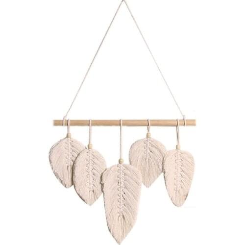Handmade Macrame Leaf Wall Hanging Tapestry Cotton Feathers Woven Leaves Door Porch