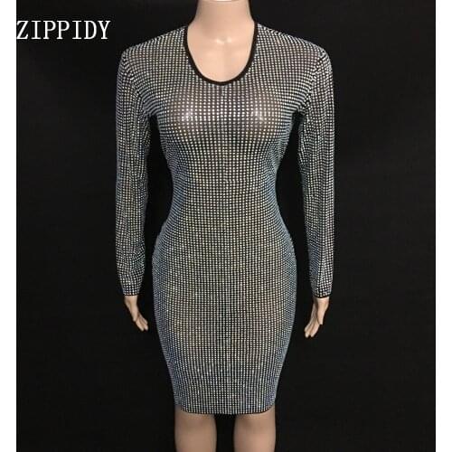 New style Fashion Sparkly Full Rhinestones Women Birthday Celebrate See Through Mesh stones Costume Dance sexy Dress