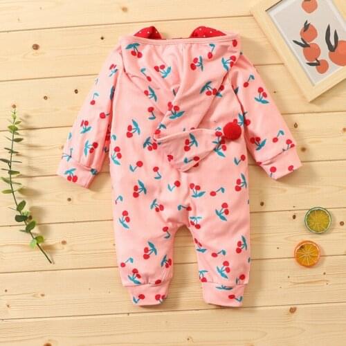 Newborn Autumn Casual Long Sleeve Zipper Outerwear Long Sleeve Hoodie Bodysuit Cute Cherry Hoodie Romper Bodysuit Baby Cloth