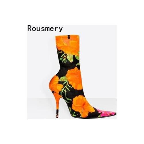 Floral Print Sexy Stiletto Sock Women Booties Stretch Pointed Toe High Heels Ankle Boots Fashion Botas Shoes Women Big Size 44
