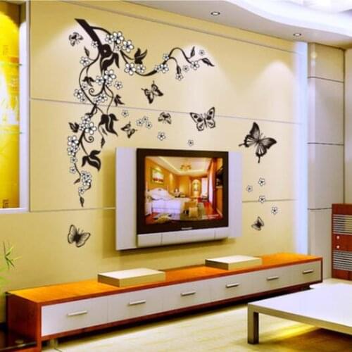 Black Flower Vine Butterfly Flowers DIY PVC Removable Wall Stickers Home Decor Mural Decal Art TV/Sofa Background