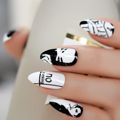 Stiletto Comic Smoking White Fake Nails Black Medium Designed Artificial Nail Tips Cartoon Pattern Fashion Manicure False Nail