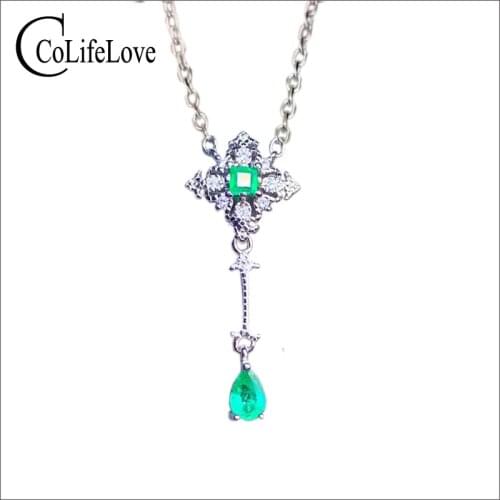 CoLife Jewelry Vintage Silver Emerald Pendant for Daily Wear 2 Pieces Natural Emerald Silver Pendant 925 Silver Emerald Jewelry