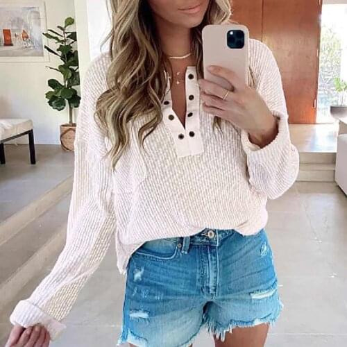 Women Autumn Casual Solid Color V-neck Long Sleeve Button Top T-Shirt For Women Clothes Fashion T-shirt