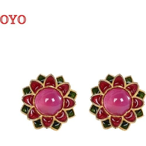 100% s925 silver gold-plated red corundum lotus flower fashion retro womens earrings
