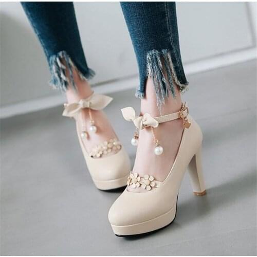 High Heels 10cm/mid Heel 3.5cm Flower Pearl Kawaii Princess Lolita Shoes Woman Cosplay Japanese Sweet Ladies Pink Loli Vintage