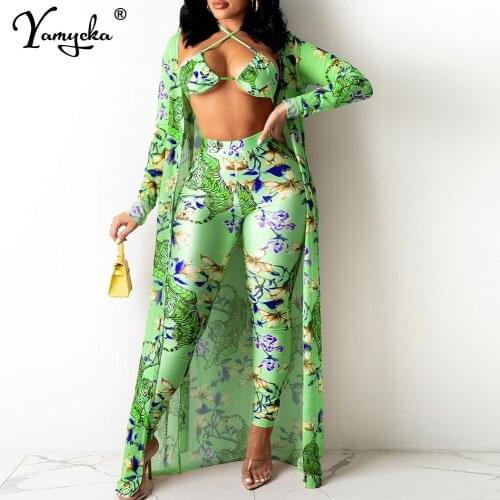 Sexy backless print 3 Three piece pant sets women summer outfits beach party club micro bralette crop top and pencil pants suits