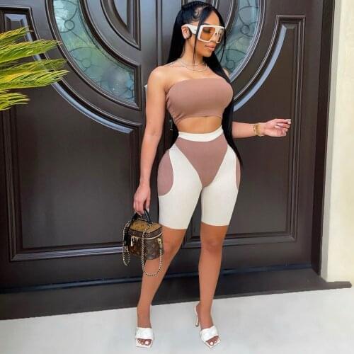 2021 Best Quality Famous Brand 2 pcs Women Set Patchwork Slash Neck Short Tops and Shorts Summer Elastic Outfits