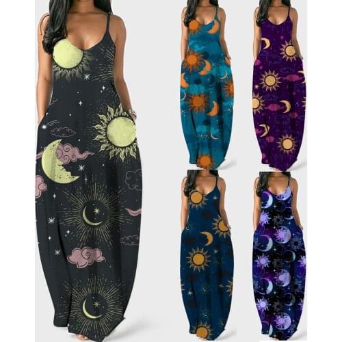 Women Summer Long Dress Sexy Spaghetti Strap Maxi Dresses Space Star Moon Print Sleeveless Beach Loose Dress Vestidos Plus Size