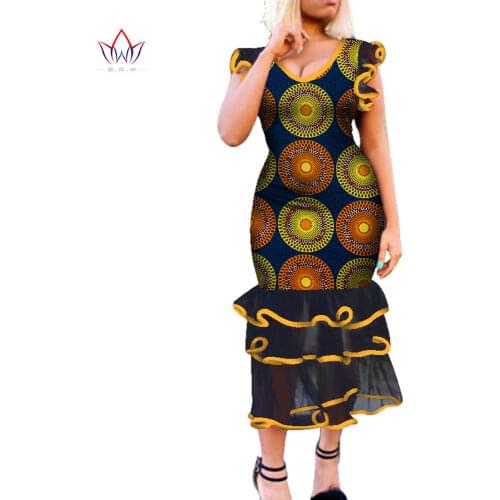 Bazin Riche African Dresses for Women Dashiki Ankara Print Draped Ruffles Lace Dresses Vestidos Women African Clothing WY4335