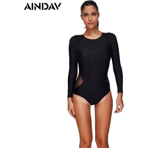 2020 New Long Sleeve Swimwear Sexy Mesh Bathing Suit Women One Piece Swimsuit Winter Trikini Classic Black Monokini Badpak XXXL