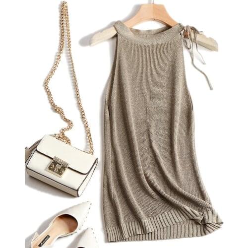 AOSSVIAO 2021 Sexy O Neck Lace up Knitted Crop Top Womens Shirt Shiny Lurex Tank Top Underwear Women Casual Streetwear Clothing