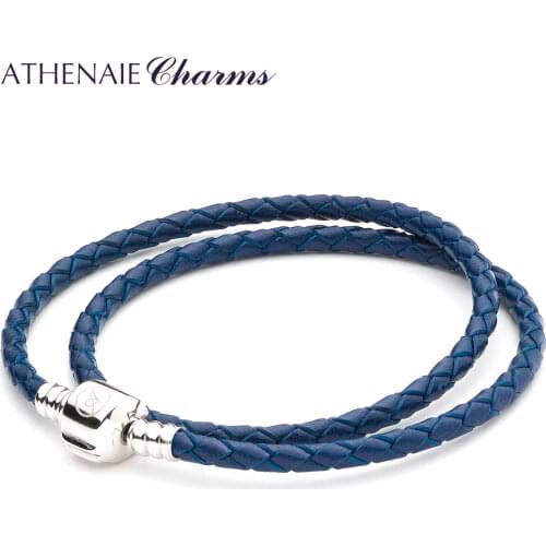 ATHENAIE Blue Double Braided Leather Bracelet 925 Sterling Silver Snap Clasp Bracelet Size 13.39inch Fit European Women&Men Bead