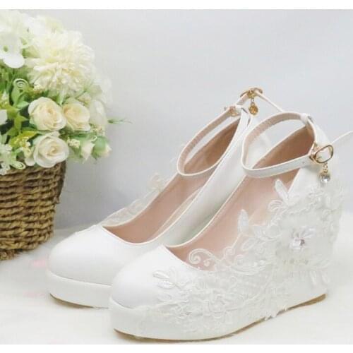 BaoYaFang 2020 New Arrival Wedges Round Toe Wedding Shoes High Heels ladies fashion shoes woman White Lace ankle strap Pumps