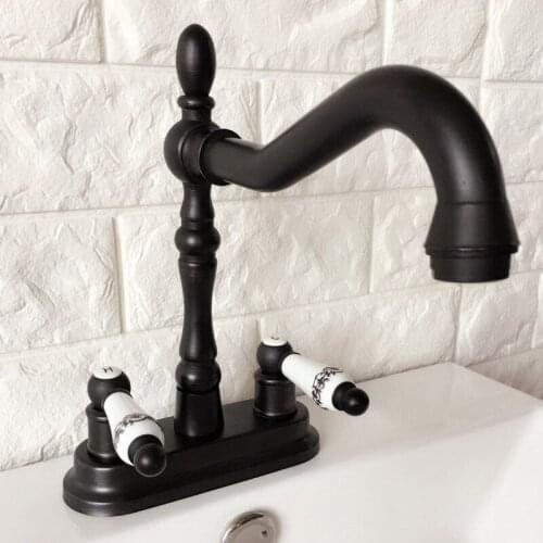 Black Oil Rubbed Bronze 4" Centerset Bathroom Sink Faucet Swivel Basin Mixer Tap Dual Ceramic Handles Levers mhg078