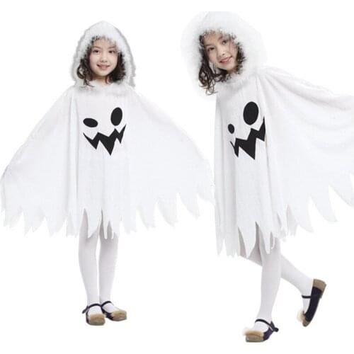 Halloween Kids Cloak Hat White Irregular Uniform Outfit Cosplay Clothing Costume Children Mask Dance Playful Elf Costume