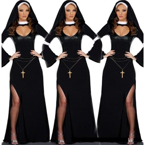 Retro Hot halloween cosplay M, L Fashion Black Costume Women sexy nun costume Vinyl Cosplay Halloween Long Costume