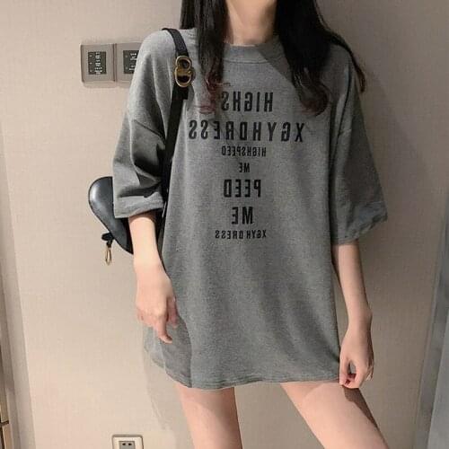 Vintage Letter Print T Shirts Women Spring Summer New Fashion Tops Mid Length O Neck Loose Casual Tees Grey White Basic T Shirt