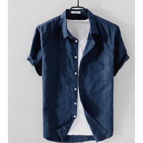 New Summer Hawaiian Shirt Thin Section Fresh Breathable Short Sleeve Solid Color Linen Shirts Men Beach Casual Cotton Shirt Tops