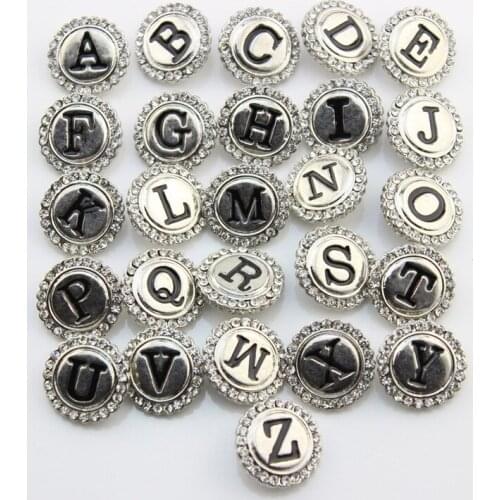 Hot sale 18mm 26pcs A-Z Alphabet Letters Rhinestone Metal snap buttons KZ1153 for DIY snap Bangles jewelrys charm wholesale