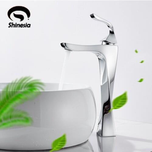 Shinesia Chrome Basin Faucet Bathroom Vessel Sink Nordic Style Curved Design Hot and Cold Water Deck Mounted Mixer Tap