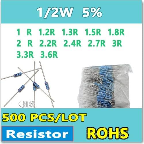 JASNPROSMA 500PCS/LOT 5% 1/2W 1R 1.2R 1.3R 1.5R 1.8R 2R 2.2R 2.4R 2.7R 3R 3.3R 3.6R carbon film DIP OHM Resistor