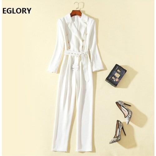 Top Grade Designer Jumpsuits 2019 Autumn Fashion Women Notched Collar Golden Button Belt Patchwork Long Sleeve Jumpsuit Ladies