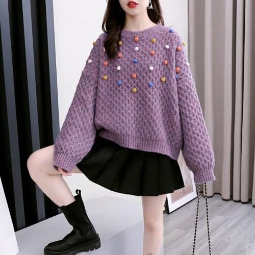Short Round Neck Sweaters Womens Pullover 2021 Autumn Winter New Korean Fashion Loose Knitted Multicolor Plush Ball Jumpers